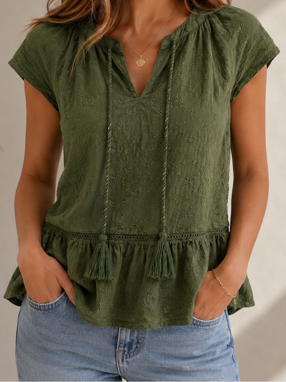 Style & Co. Olive Green Eyelet Peplum Top Size XS